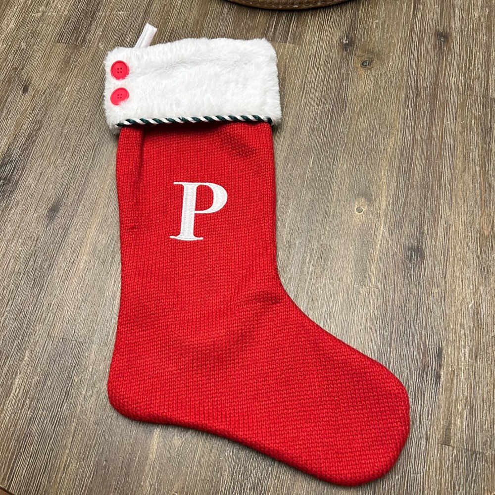 Red Knit Christmas Stocking Initial P Holiday Decoration‎ Decor 21" NWT